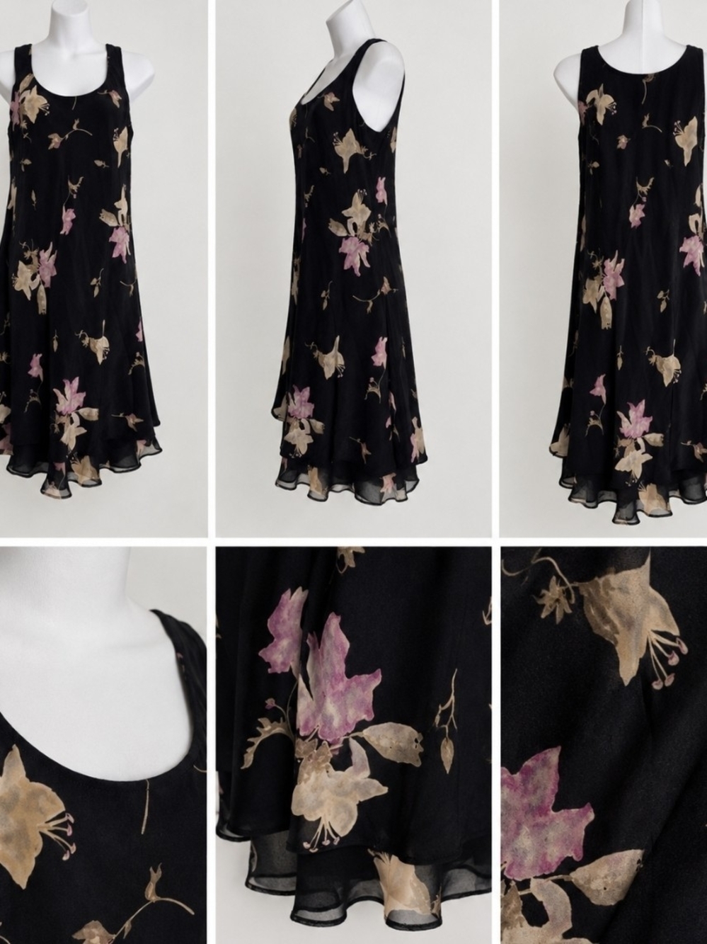 Jones New York Black Floral Chiffon Swing Dress Silk
